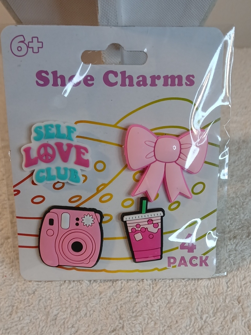 Pink Shoe Charms 4-Pack – Self Love Club Bow, Camera & Drink